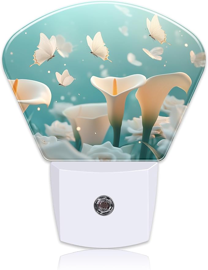 White Calla Lily Night Light Plug into Wall, White Butterfly Night Light with Dusk to Dawn Sensor for Kid Girls Boys Women Men Room, Hallway, Kitchen, Bathroom, Stairs Decor