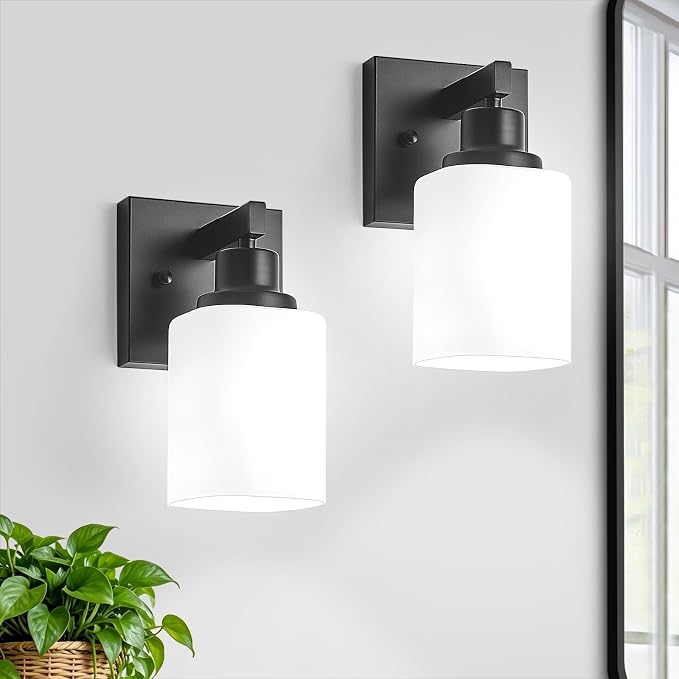 Set of 2 Wall Sconces for Bathroom, Black Bathroom Vanity Light,Modern Wall Sconces Indoor with Square Frosted Glass,Farmhouse Wall Lamp for Bedroom Living Room Mirror Hallway