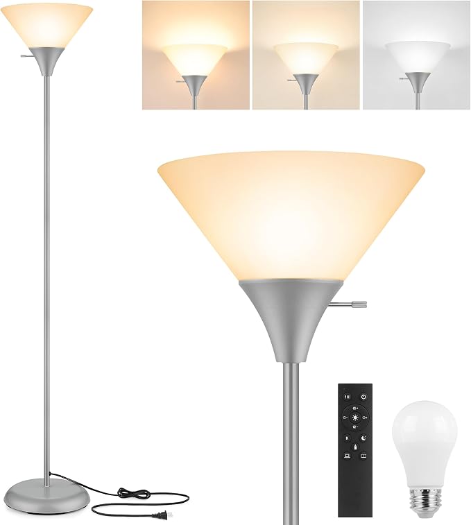 Coucrek Floor Lamp for Living Room, Torchiere Standing Light | Remote Control Stepless Dimmable Brightness & Color Temperature, 9W LED Bulb Included, Tall Lamp for Bedroom, Office, Dorm