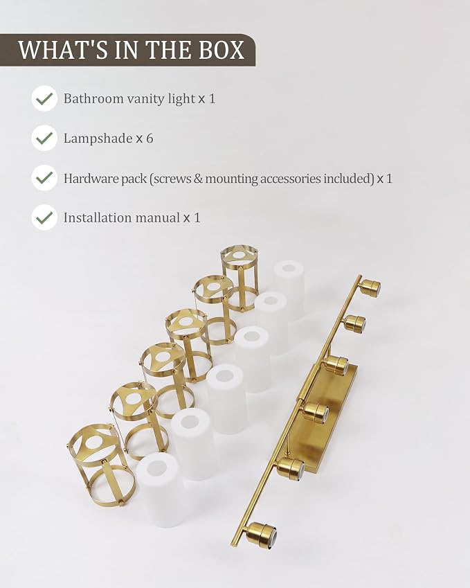 6-Light Brushed Gold Bathroom Light Fixtures Over Mirror with Frosted Milk Glass and Metal Cage Shade, 42" UL-Listed Modern Farmhouse Wall Sconce for Bath, Hardwire E26, OS-3014BGW-6W
