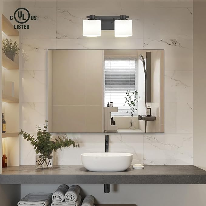 15 Inch Black Bathroom Light Fixtures over Mirror 2 Light Matte Black Vanity Light Milk Glass Makeup Shower Lamp Small Farmhouse Wall Sconce Modern Desk Vintage Rustic Bath above Sink Lighting