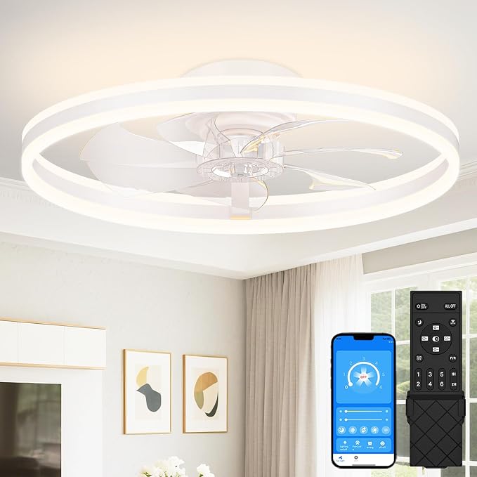 VOLISUN Low Profile Ceiling Fans with Lights and Remote, 24in Flush Mount Ceiling Fans with Light, 3000K-6500K Dimmable Fandelier LED Fan Light, White Bladeless Ceiling Fans with Lights for Bedroom