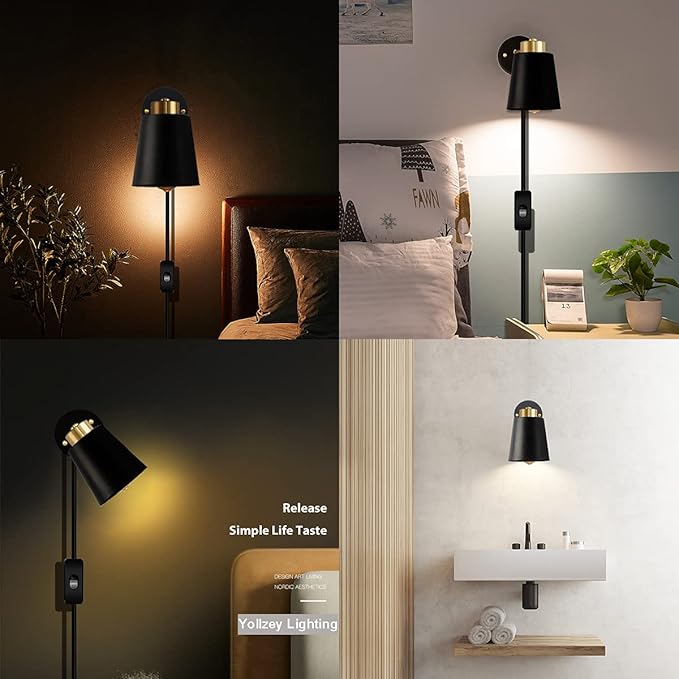 Yollzey Plug in Wall Sconces, Rotatable Angle Black Wall Lamp with Plug in Cord Metal Vintage Industrial Wall Mounted Light Reading Light for Bedroom Bedside Doorway(2 Pack)