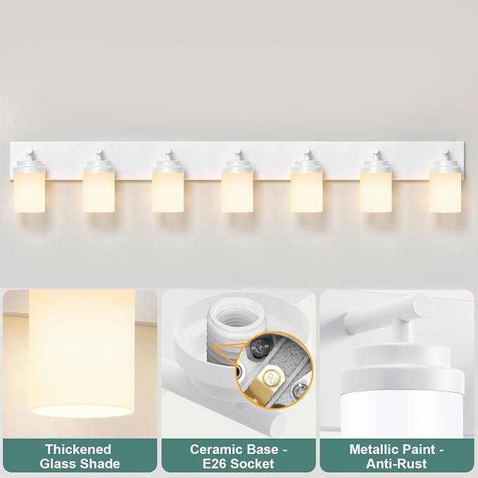 IZORRO Bathroom Vanity Light Fixture, 7-Light 52 inch White Bathroom Light Fixtures Over Mirror, with White Glass Shade, Modern Farmhouse Vanity Lights, Rustic Restroom Lighting Fixtures