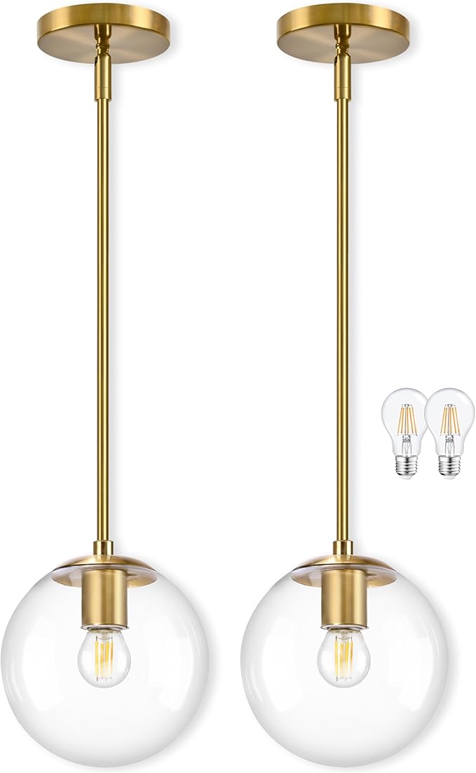 8" Globe Pendant Light Gold 2 Pack Mid Century Pendant Light Globe Pendant Lights Kitchen Island Brushed Brass Finished with Clear Glass Adjustable Ceiling Light Fixtures for Dining Room Bar