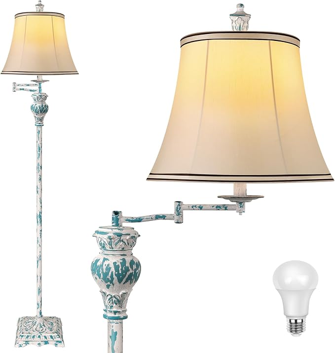 Vintage Floor Lamps for Living Room,Traditional 350° Adjustable Swing Arm Farmhouse Floor Lamp for Bedroom, Rustic Standing Lamp Pole Lamps for Reading, Home Décor and Office, Washed Blue