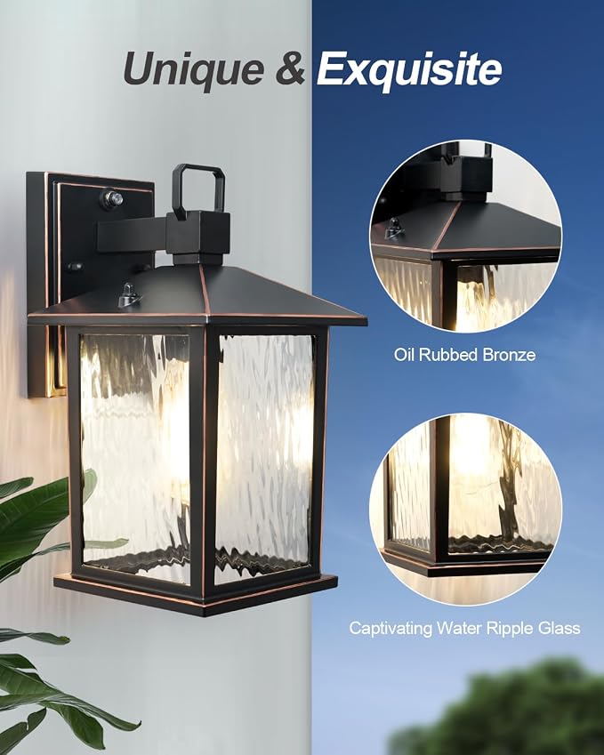 Dusk to Dawn Porch Light, Oil-Rubbed Bronze Outdoor Light Fixture | 1-Pack Outdoor Wall Light with Water Ripple Glass, Hardwired Aluminum Outside Wall Lantern, E26 Socket, Bulb Not Included