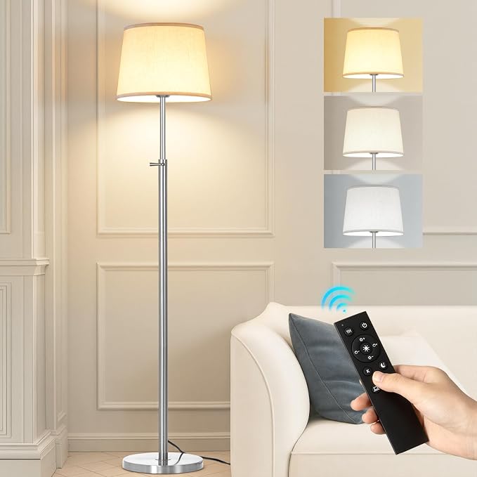 Floor Lamp Height Adjustable with Remote Control for Living Room Silver | Height adjustable 55" to 67" Silver Standing lamp Bright Dimmable 12W Bulb with Remote for living room bedroom corner