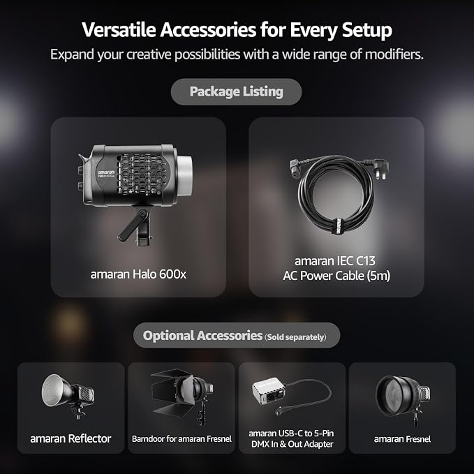 amaran Halo 600x LED Studio Light, 610W Bi-Color COB Compact Video Light | All-in-one Design APP Control,2,700K - 6,500K,32,500 lux @ 1m Bowens Mount Lighting for Home Studios,Livestream