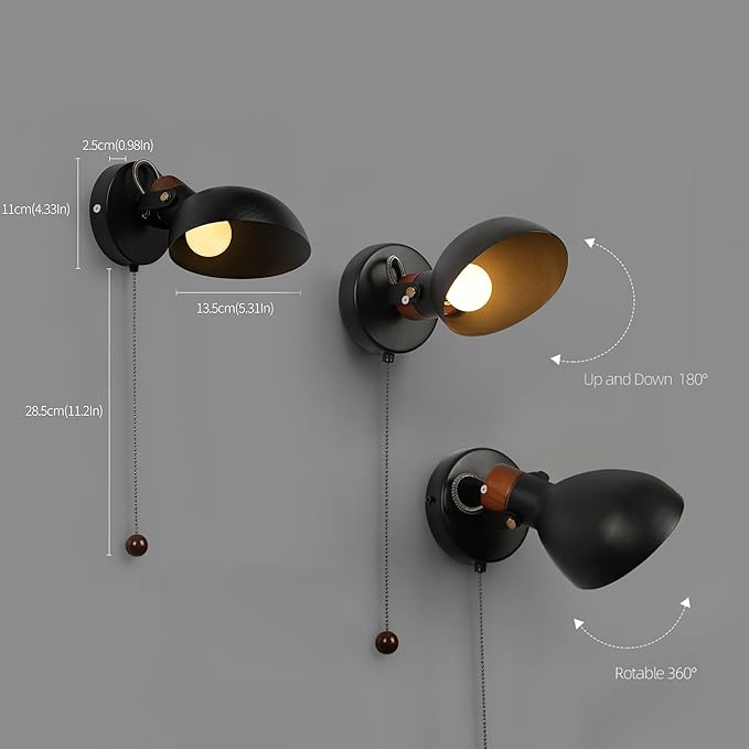 Aisilan LED Wall Sconce with Pull Chain, Adjustable Indoor Wall Light for E12 5W Bulb, Matte Black 3000K Wall Mounted Lighting for Living Room, Bedroom, Hallway