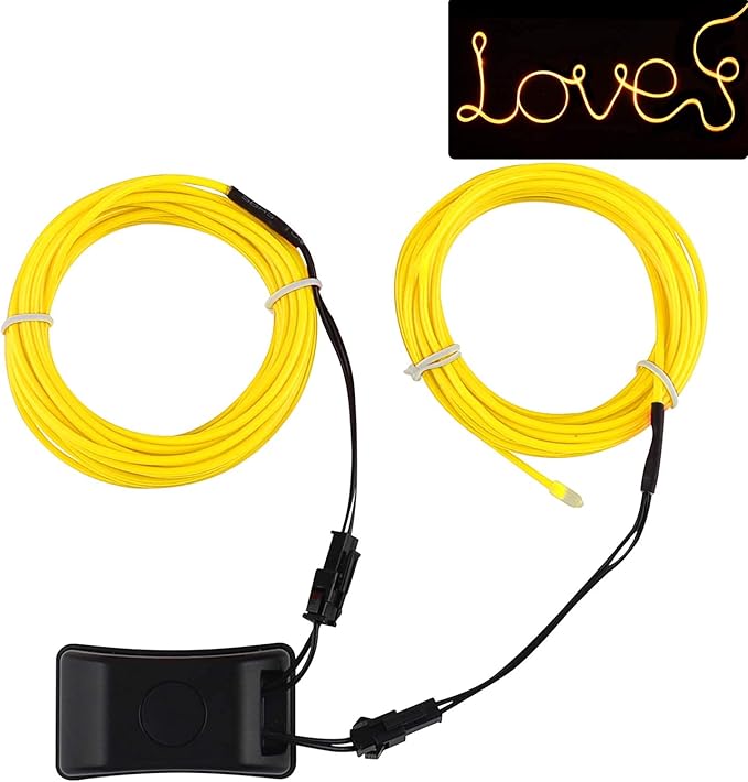 JIGUOOR USB Rechargeable EL Wire 32.8ft/10m (5mx2) Bright Neon Light Strip 360° Illumination Neon Tube Rope Lights for DIY, Festival, Party Decoration, Halloween, Chrismas (32.8ft/10M, Yellow)