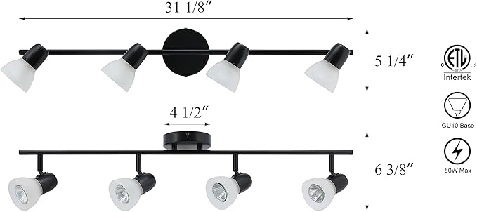 XiNBEi Lighting Track Light, 4 Light Track Bar Lighting with Glass, Modern Black Kitchen Ceiling Light XB-TR1237-4-MB