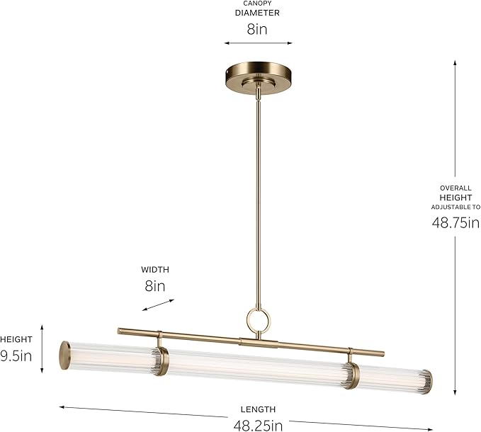 Kichler Riven LED 1-Light Linear Chandelier with Clear Fluted Glass in Champagne Bronze, Sloped Ceiling Compatible, for Kitchen or Dining Room (9.5" x 8" x 48.25"), 52753CPZLED