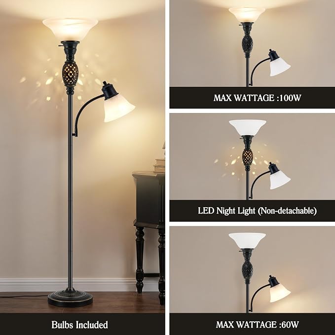 Luvkczc 70" Floor Lamp with Night Light, Adjustable Gooseneck Reading Light | Retro Standing Lamp for Living Room Bedroom Corner – Dual Lighting, Etched Frosted Shade, Rotary Switch, Bulb Included
