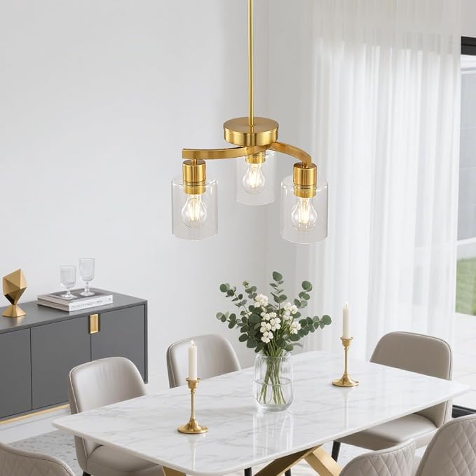 3 Light Brass Gold Dining Room Chandelier, Modern Industrial Pendant Light for Kitchen Island, Adjustable Height Hanging Ceiling Light Fixture with Clear Glass Shades,E26 Base,Dimmable