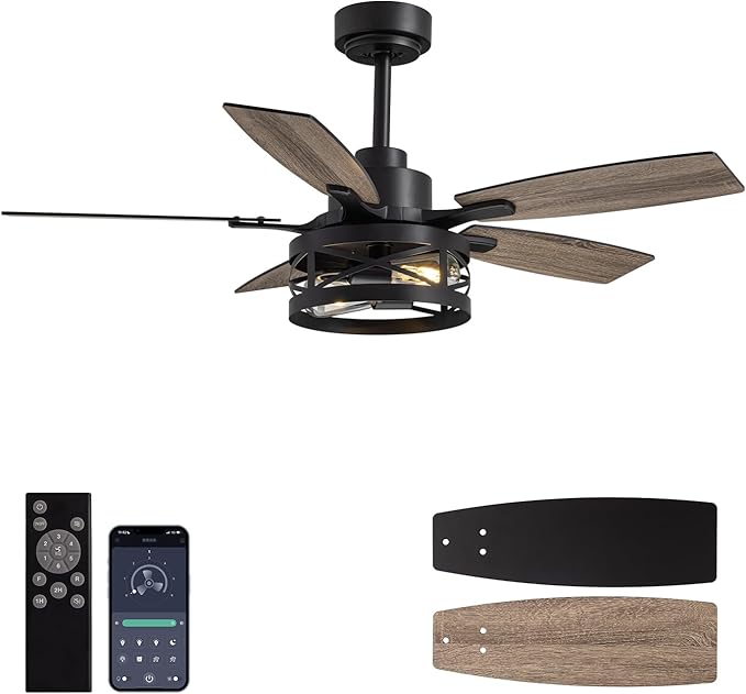 42-Inch Farmhouse Flush Mount Ceiling Fan with Light Vintage Wood-Grain Quiet High-Power APP + Remote. Ideal for Indoors Bedrooms, Living Rooms Patios.