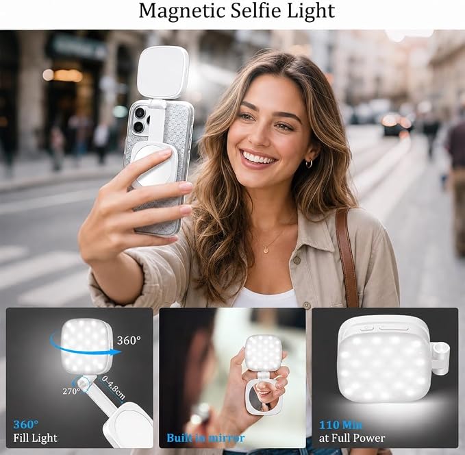 Magnetic Selfie Light Compatible with MagSafe, Foldable LED Phone Light with Mirror, 48 LEDs 5 Color Modes & 5 Brightness Levels, 360° Rotating Fill Light for Selfies, Makeup, TikTok, Zoom