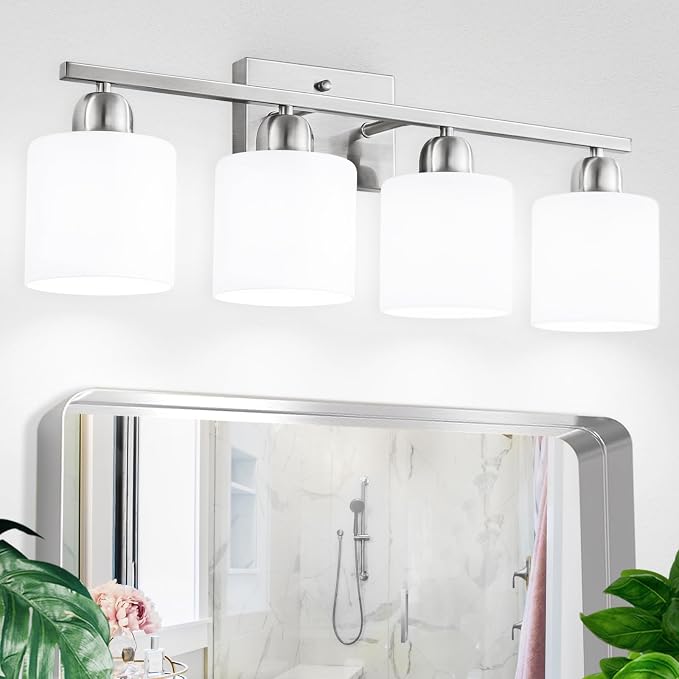 4 Light Bathroom Light Fixtures, Anti-Rust Finish Brushed Nickel Vanity Lights for Bathroom with Milky White Frosted Glass Shade for Mirror Bedroom Living Room E26 Base