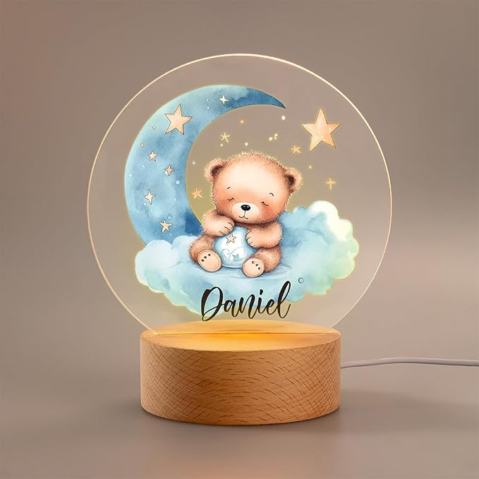 Personalized Bear Night Light - Custom Name, Cute Acrylic LED Light Lamp with Wooden Base for Bedroom Decor, Gifts for Kids Girls Boys