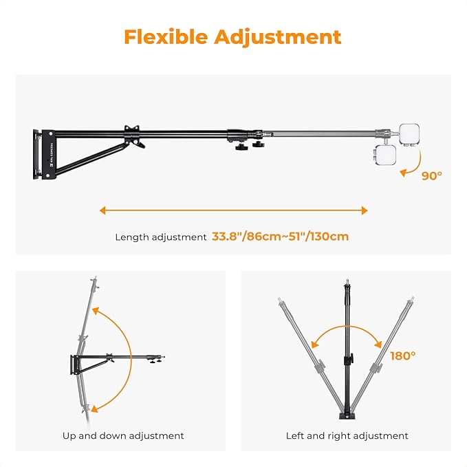 K&F CONCEPT Wall Mount Boom Arm 51"- Rotating Triangle Stand for Ring Light, Softbox, Reflector - Support 180°Flexible Rotation, 33-51in Adjustable Length, 20lbs Heavy Duty with 1/4''&3/8'' Mount