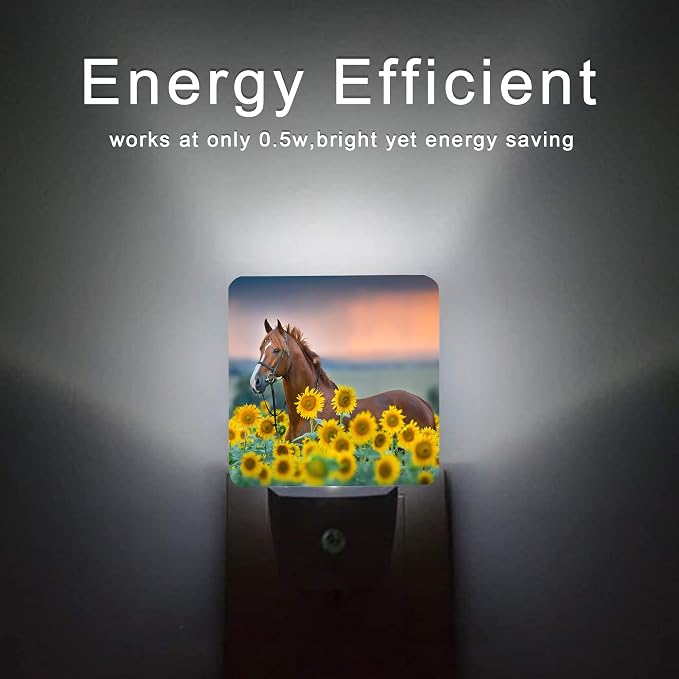 Horse Night Light,Sunflower Farm Animal Horses Plug-in Night Lights with Dusk-to-Dawn Sensor for Women/Girls/Boys Gift Sleep Friendly lamp for Bedroom, Bathroom and Living Room,0.5W