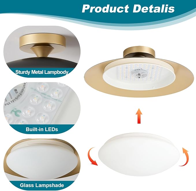 YURNYQ Dimmable Modern LED Black and Gold Ceiling Light Fixture 15.75 in | Glass Shade Kitchen Semi Flush Mount Ceiling Light Fixture,5CCT In One Light Fxiture for Hallway Bedroom Laundry Room Foyer