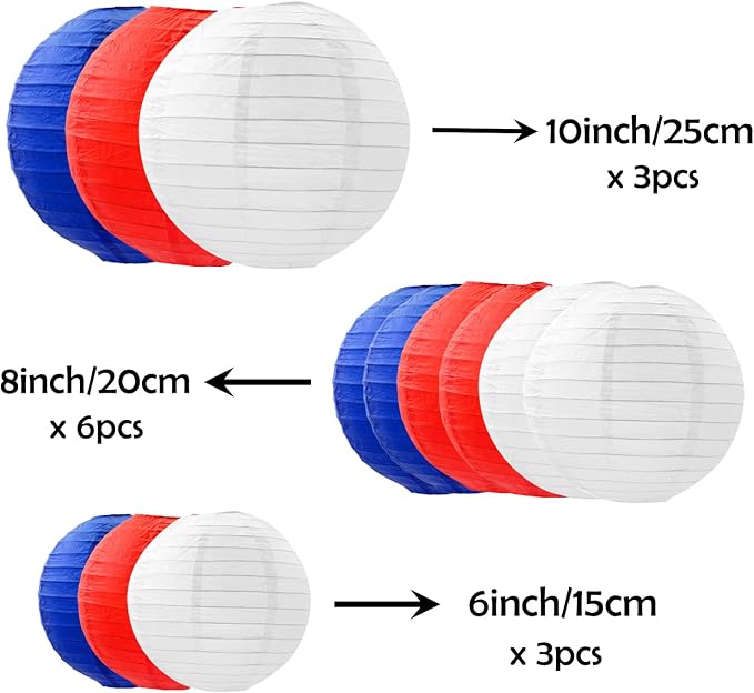 ZOOYOO Red Blue White Paper Lanterns,July 4th Party Round Hanging Paper Lanterns Decoration for Independence Day,Birthday,Wedding,Baby Shower,Memorial Day,Veterans Day,Home,Garden Decoration 12PCS