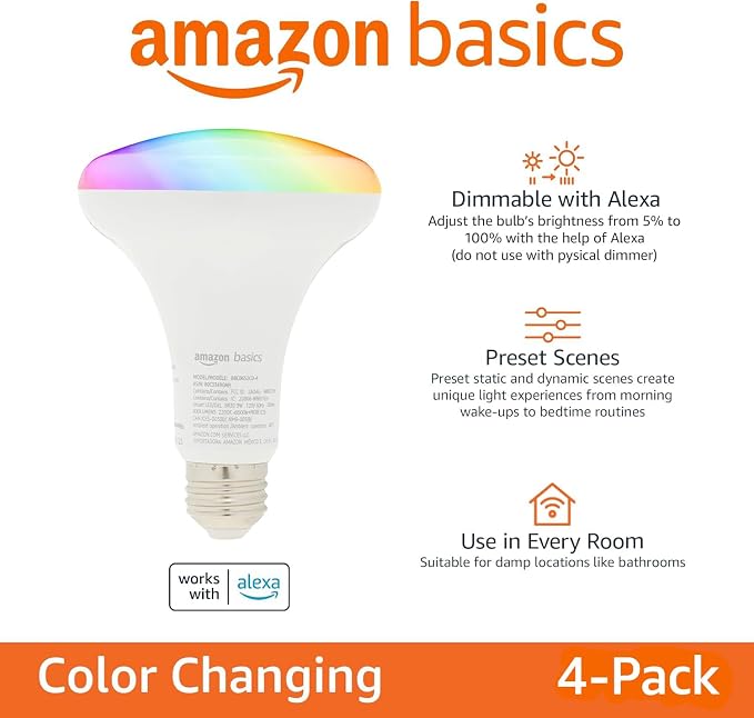 Amazon Basics Smart BR30 LED Light Bulbs, Color Changing, 9W (60W Equivalent), 800LM, Energy Efficient, Voice Control, Compatible with Alexa Only, 2.4 GHz Wi-Fi, No Hub Required, 8-Pack