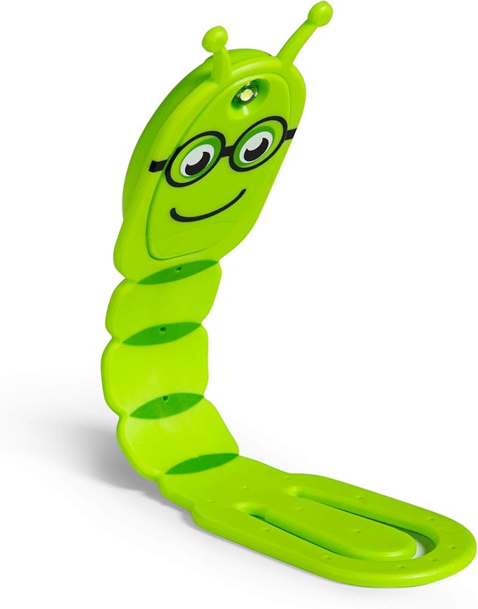 Gifts for Readers & Writers Book Light for Kids, Clip On Reading Light for Bed, 2in1 Flexilight Pals & Bookmark, Small & Lightweight with a Soft Glow, 2 Batteries Included, Bookworm Green