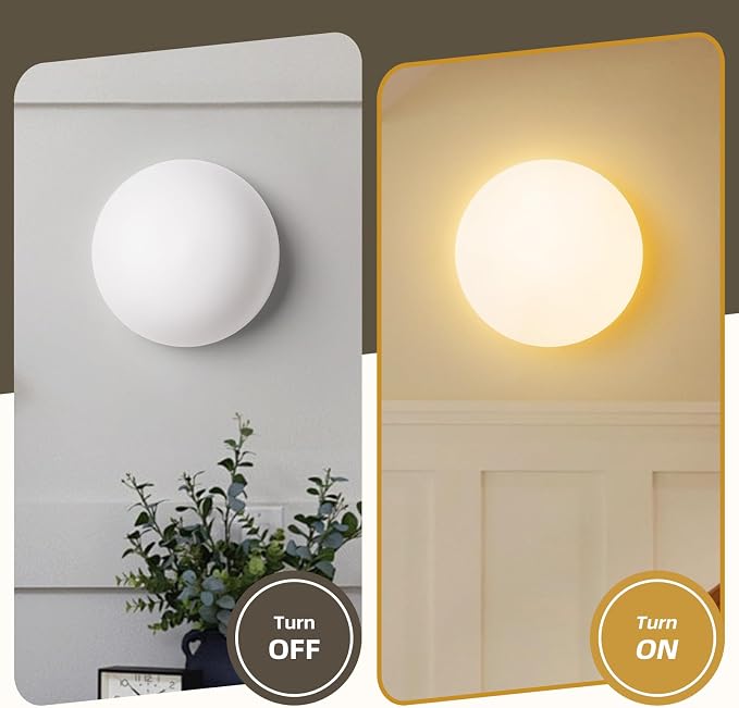 Modern Globe Glass Wall Sconces Set of 2: Small 7 In Art Deco Light Fixture | Mid Century Indoor Set of Two Round Lights, For Bedroom Bathroom Vanity Mirror Hallway Bedside Mount Half Moon Lamps 3000k