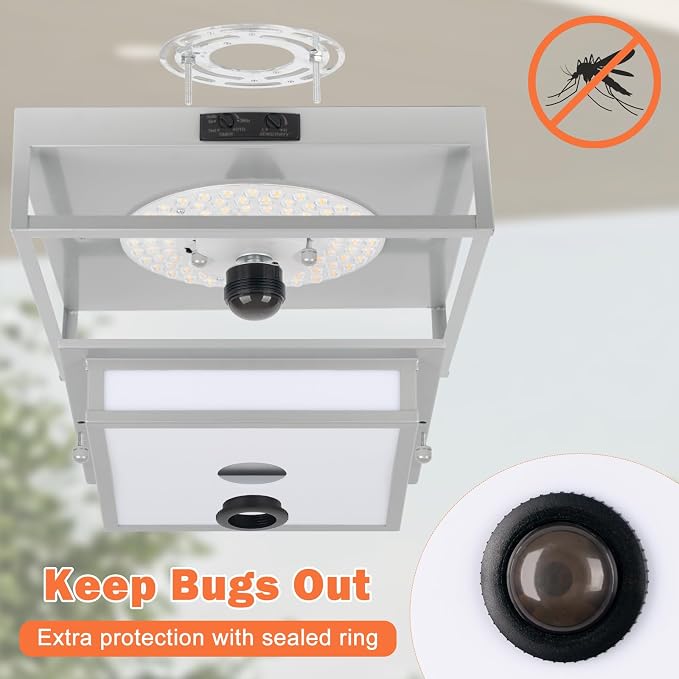 Gray Motion Sensor LED Outdoor Ceiling Light 10.5" Square Dusk to Dawn | Flush Mount, Built-in LED, Color Changing, Energy Saving, Waterproof, Bug Resistant, for Exterior Porch Garage Entryway Patio