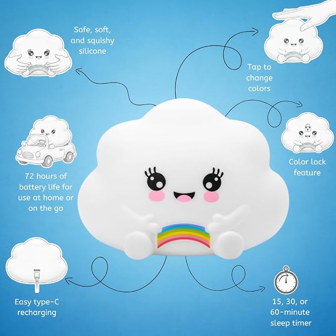 Cloud Night Light with Remote, Squishy Silicone Lamp for Kids | Tap Control | Rechargeable 9-Color Changing Soft Glow | Nursery Nightlight for Kids | Portable Animal Nightlight | USB Cord