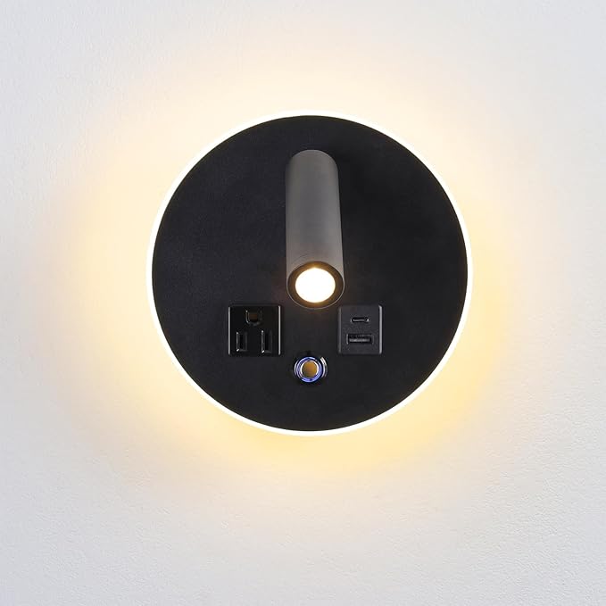 LED Round Wall Sconce with Dimmable Light, 6W+3W 3000K Night Light, Adjustable Plug-in Headboard Lamp with USB & USB-C Ports, Bedside Reading Light for Bedroom(Black)