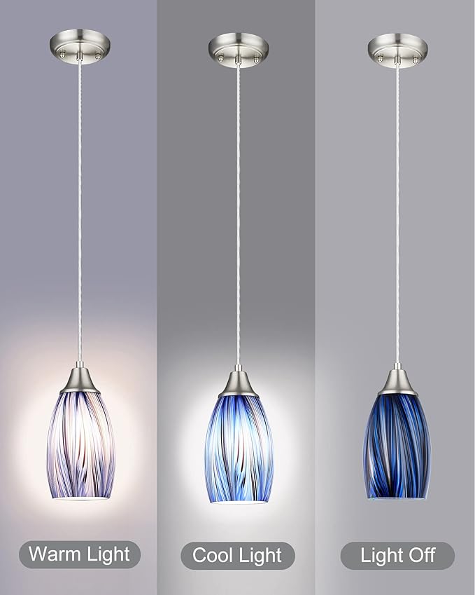 Dark Blue Glass Mini Pendant Lights for Kitchen Island 3Pack Blown Art Glass Pendant Lighting Shade Hanging Pendant Lights with Brushed Nickel Finish for Kitchen Over Sink,Dining Room