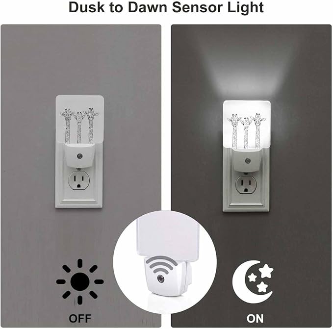 LED Night Light,Realistic Sketch Giraffe Heads LED Night Light Plug into Wall with Dusk to Dawn Light Sensor White Energy Efficient Nightlight for Bedroom Bathroom Hallway Living Room Kitchen