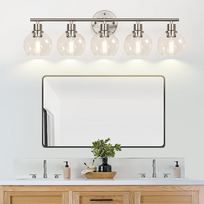 Indoi 5-Light Bathroom Light Fixtures, Brushed Nickel Vanity Light with Clear Glass Globe Shades, Modern Bathroom Wall Sconce Lighting for Mirror, Kitchen, Hallway, Bedroom
