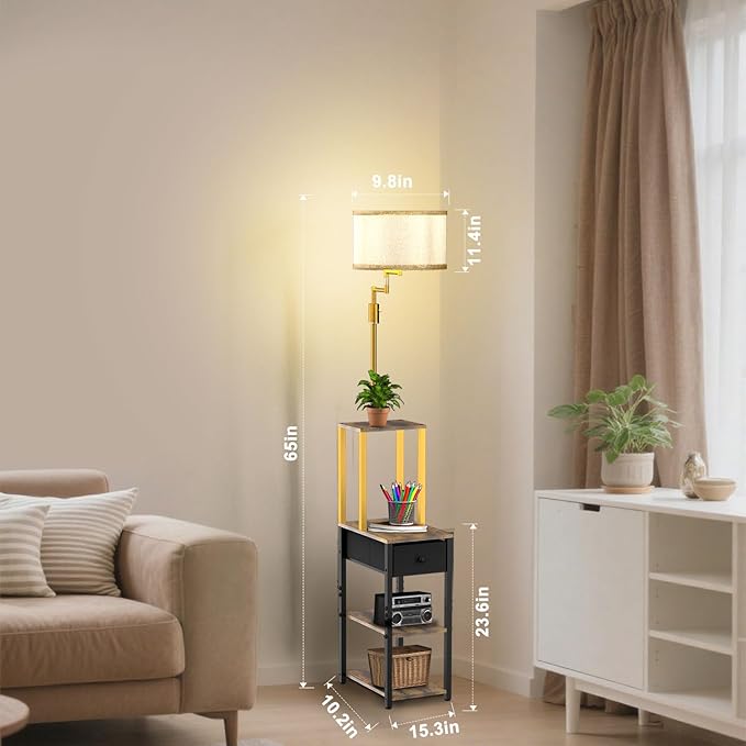 Lightdot Floor Lamp with Shelves&Drawer, Modern Standing Lamp with 350° Adjustable Lamp Head, Fabric Shade& Bulb Included, Display Corner Floor Lamp for Living Room/Sofa Beside/Corner Decor