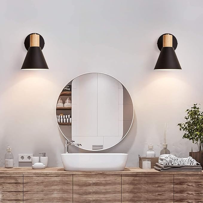 ClanKin Wall Sconces, Modern Nordic Design, 2 Pack-Black, E26, Rotateable, Industrial Bathroom Bedroom Lighting Fixture, Wall Mounted