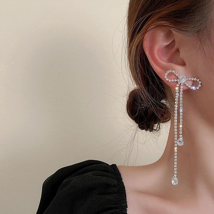 Luxval Rhinestone Earrings Dangling for Women Sparkly Silver Dangle Earrings Girls Long Chandelier Earrings Tassel Lightweight Ear Studs Cubic Zirconia Crystal Statement