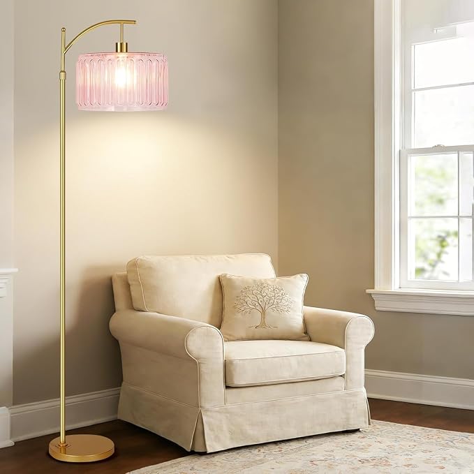 ILLMTW Pink Floor Lamp for Living Room,Bedroom,Gold Dimmable Standing Lamp with Remote,Mid Century Modern Brass Tall Lamp Boho Floor Lamps Arc Stained Glass Flower Floor Light Lamp Girls kids Bohemian