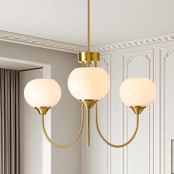 Modern Globe Chandelier 3 Light Mid Century White Milk Glass Vintage Sputnik Chandeliers Gold Pendant Light Fixtures for Dining Room Kitchen Living Room Bedroom