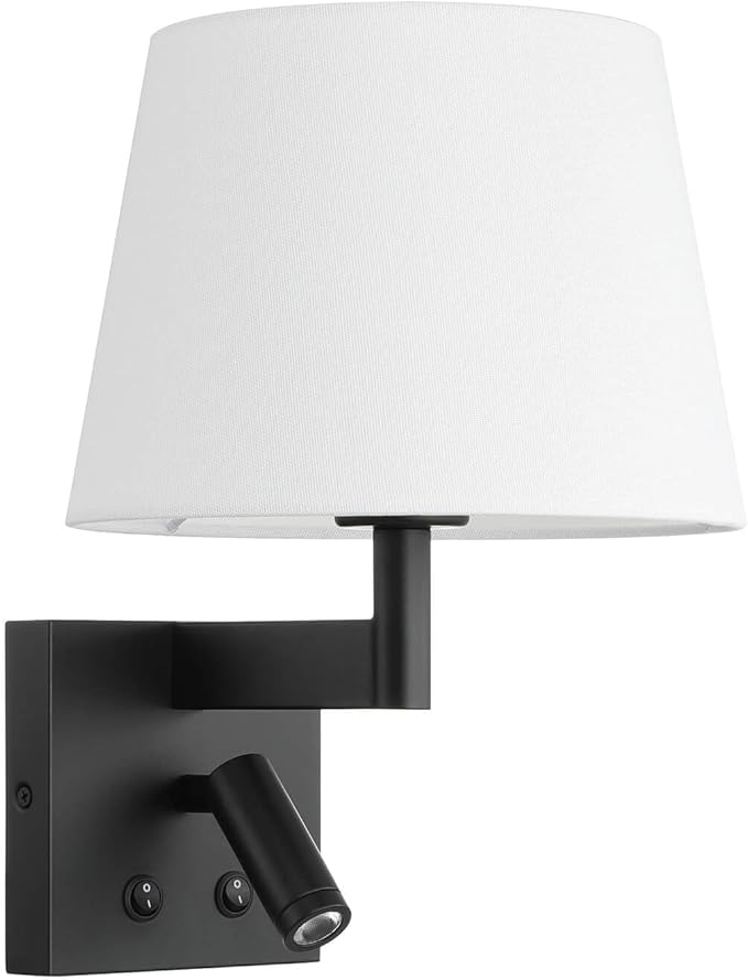 XiNBEi Lighting Wall Sconce LED Reading Light for Bedroom, Black, Hardwired | Linen Fabric Shade, On/Off Switch, Bedside Wall Lighting Fixture, Wall Mounted Lamp, For Living Room Study Hotel Office