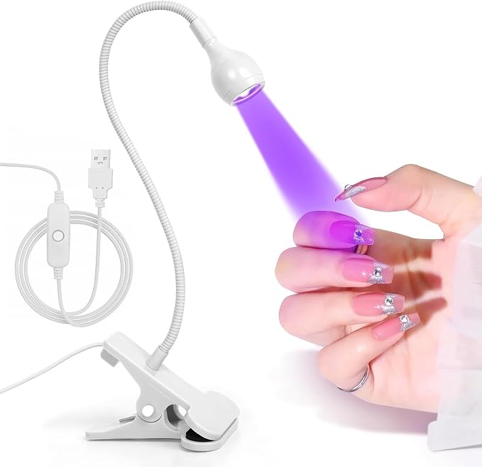 UV Nail Lamp - UV Light for Gel Nails, Flash Cure Lamp | LED Gooseneck Flash Cure Lamp for Nails, Manicure Dryer Black Light with Clamp, 365+395nm 5V 3W 4 Levels Dimming White