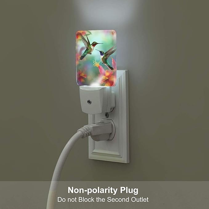 Hummingbirds Floral Night Light Set of 2, Flowers Birds Auto Sensor LED Dusk-to-Dawn Nightlights, Plug-in Sensor Lamp for Bedroom Bathroom Kitchen Hallway Stairs Decorative