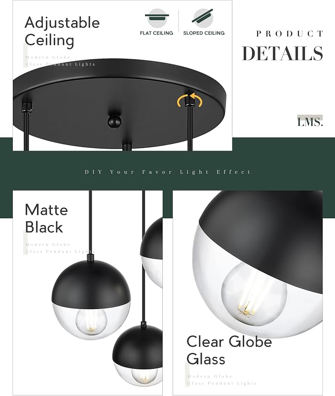 Modern 3-Light Cluster Pendant Lights, Matte Black Kitchen Island Light Fixtures with Clear Globe Glass Shade, Adjustable Hanging Light for Bathroom Bedroom Dining Room Living Room, LMS-186BKC3