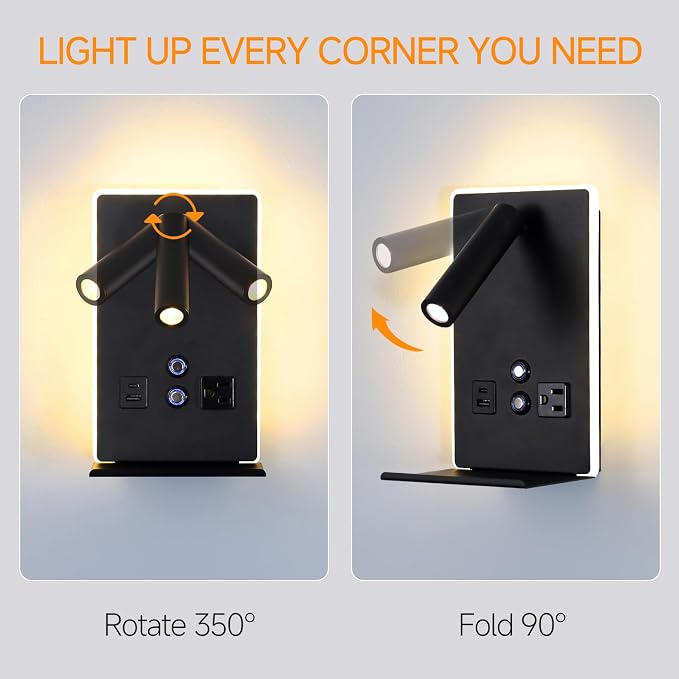 Wall Mounted Reading Light with Shelf - 3 Color Dimmable LED, 360° Adjustable Wall Lamp for Bedroom/Study, Touch Control (Black)