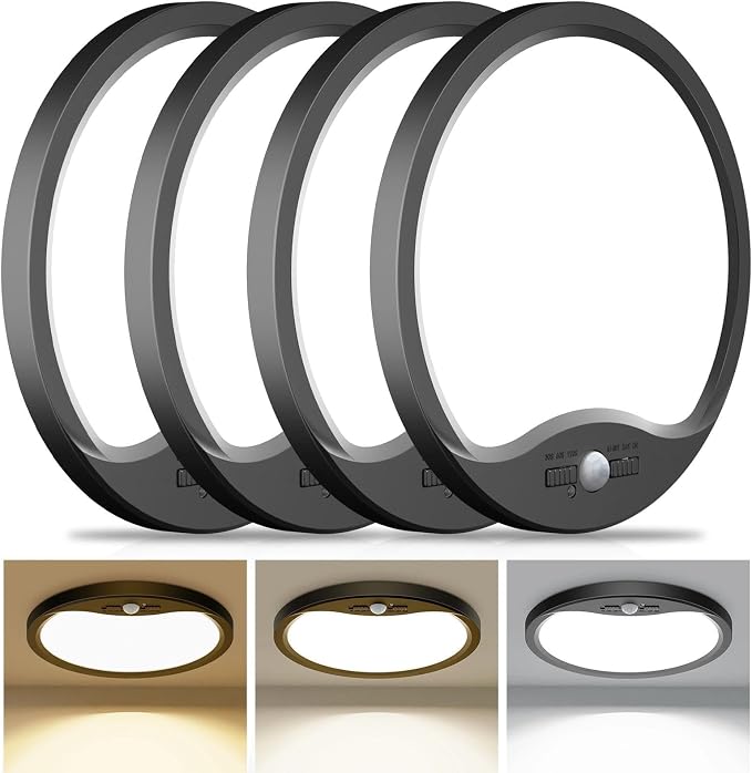 hepside 4 Pack Motion Sensor Ceiling Light Wired, 3000K/4000K/6500K LED Flush Mount Ceiling Light Fixture, 12Inch 24W Motion Sensor Light with Timer for Closet Stair Porch Hallway Pantry,Black