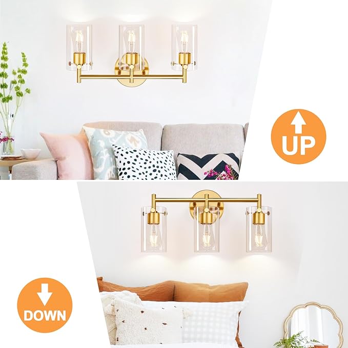 Bathroom Light Fixtures, 3-Light Brushed Gold Vanity Light, Gold Bathroom Lights Over Mirror with Clear Glass Shade, Wall Sconces for Mirror Bedroom Living Room Hallway