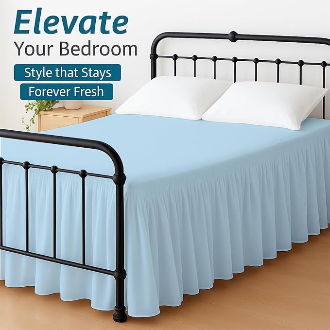 Shreem Linen Ruffled Bed Skirt with Split Corners, Gathered Style, 100% Microfiber, 21-Inch Drop, Dust Ruffle Bedskirt with Platform, King, Light Blue