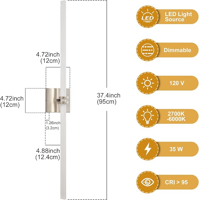 Bathroom Light Fixture LED Vanity Light 37.4" 5CCT Wall Sconce 35W | LED Dimmable Wall Light Nickel Modern 360° Lighting, Hardwired Vanity Light for Bathroom Mirror, Flicker-Free
